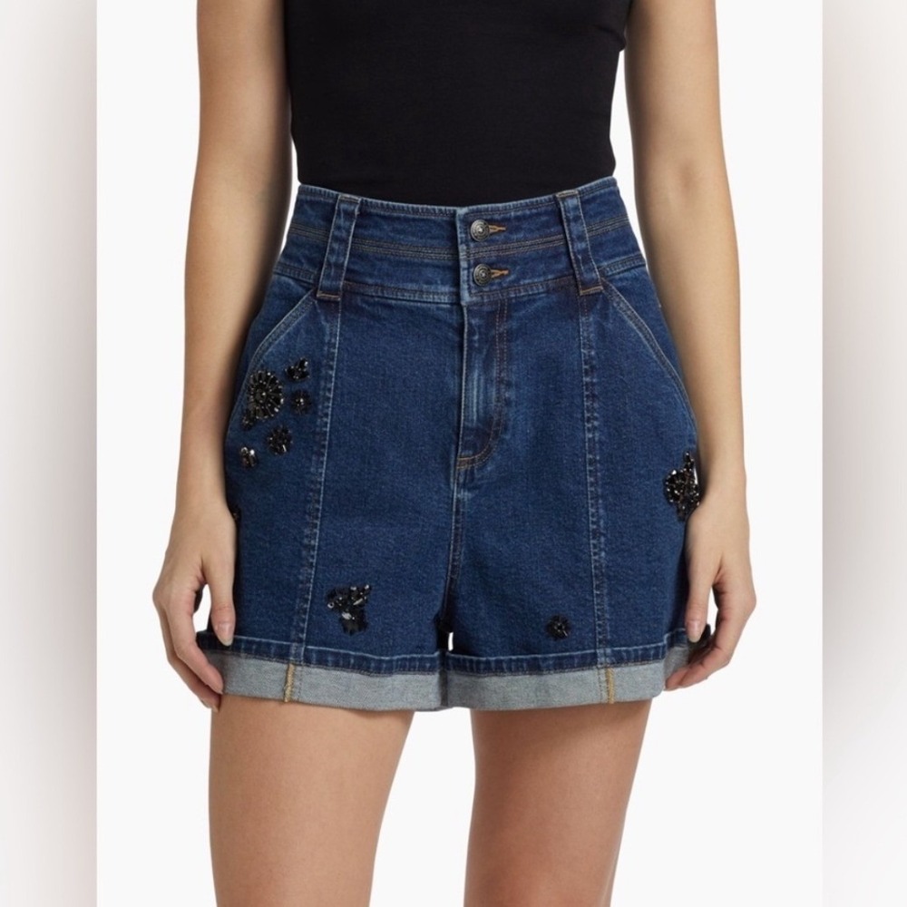 Cinq à Sept Tous Les Jours Beaded Floral Cuffed Denim Shorts 2